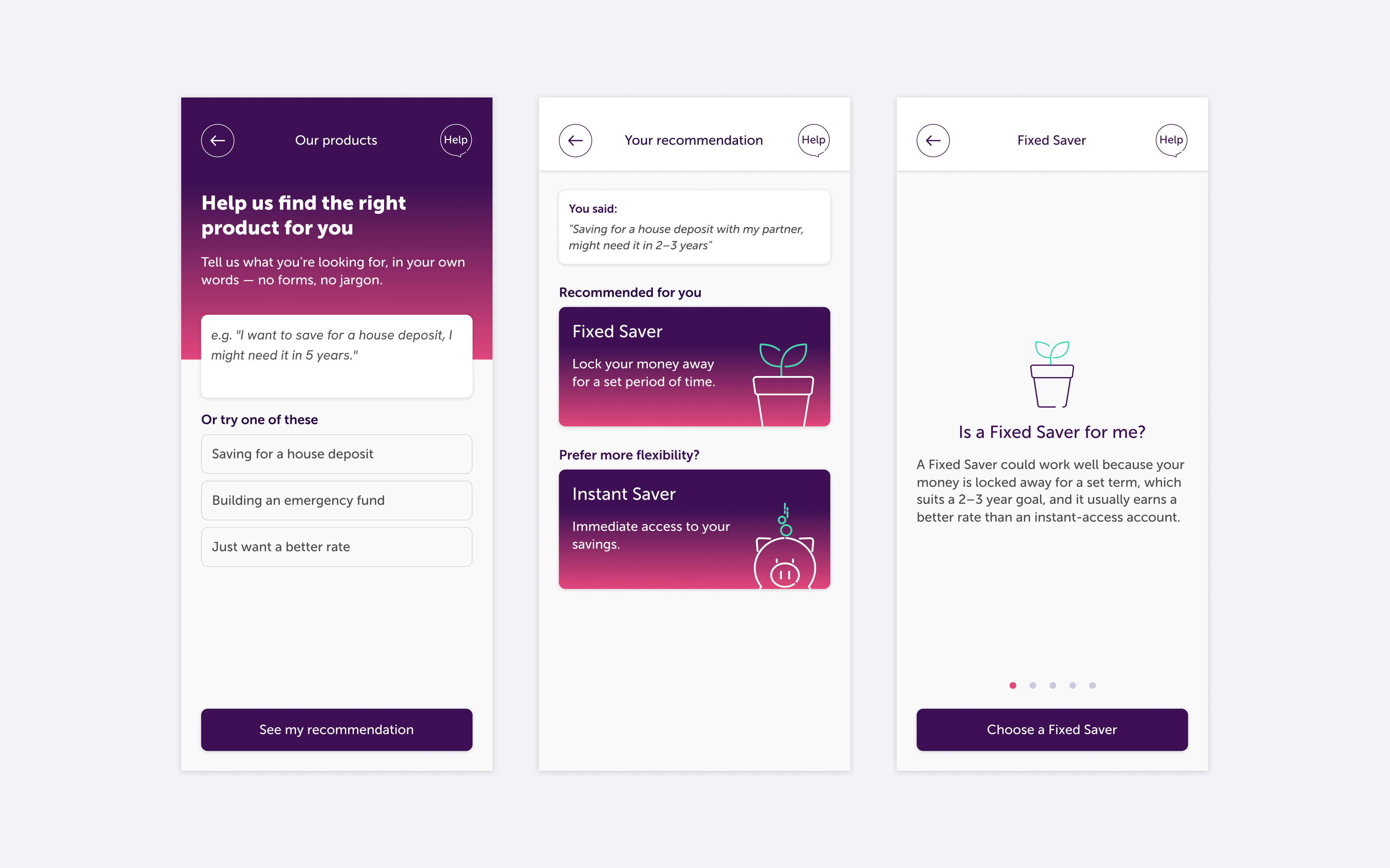 Three screens from the savings recommender prototype: entry point, recommendation with alternative option, and the Fixed Saver detail screen.